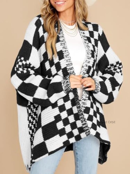 Oversized Checkered Cardigan, Long Sleeve Open Front Knit Sweater - Picture 2 of 7